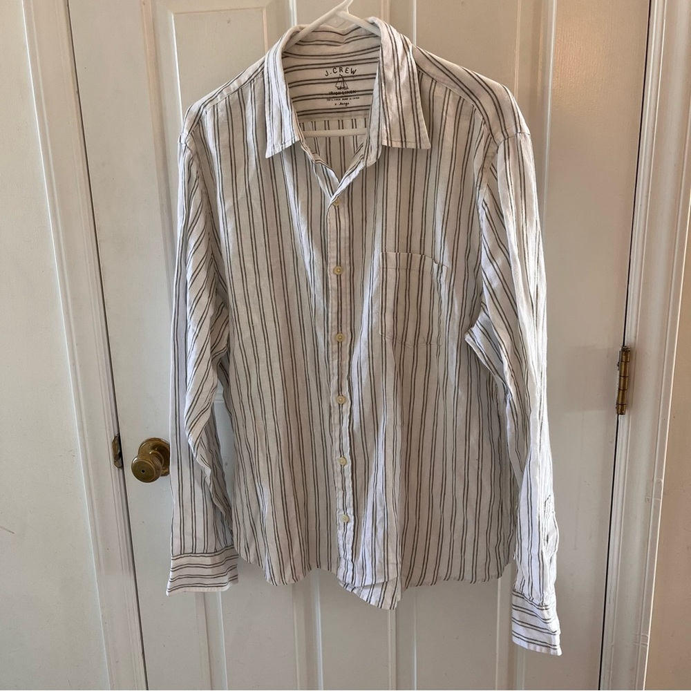 J.Crew 100% Irish Linen Long Sleeve Shirt White Green Gray Stripe XL Classic